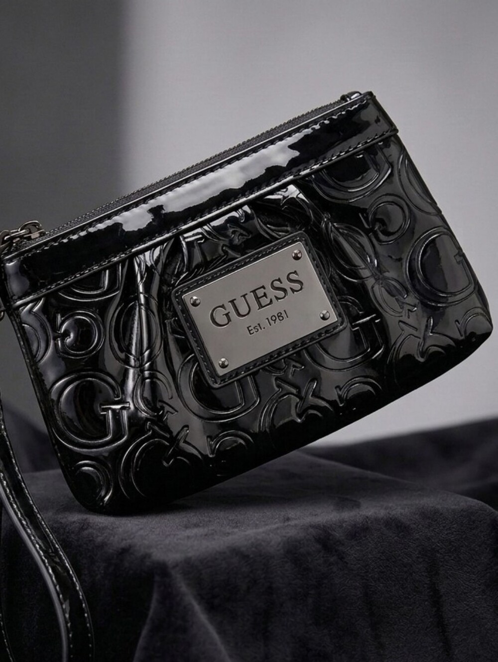 GUESS Black Patent Leather Logo Embossed Wristlet Clutch Mini Bag Est. 1981